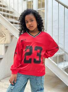 SHEIN Leap Crew Tween Girl Casual Chic Knit V-Neck Loose Fit Long Sleeve Sweatshirt - Red - View 4