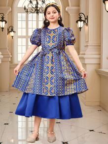 SHEIN Tween Girls Woven Jacquard Floral Print Puff Sleeve Ruffle Hem Mix Dress, Regal Dress, Cobalt Blue - Royal Blue - View 6