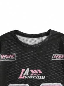 SHEIN Tween Girl Knit Mesh Numeric & English Letter Print Loose Dropped Shoulder Pullover T-Shirt, Suitable For Back To School, Sports Event, Fashion Streetwear