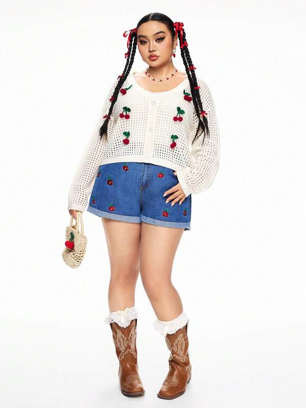 ROMWE Kawaii Cherry Decor Hollow Out Sheer Plus Size Thin Cardigan For Plus Size Women, Spring Outfits