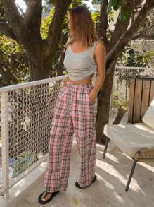 DAZY Conjunto de pijama con top de tirantes de unicolor + pantalón largo a cuadros