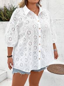 SHEIN CURVE+ Plus Eyelet Embroidery Drop Shoulder Shirt Boho Vacation - White - View 4