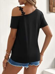 SHEIN Maternity Summer Asymmetric Neck Ruffle Sleeve Printed Short Sleeve T-Shirt - Black - View 3