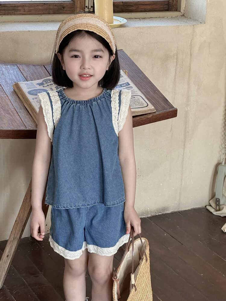Young Girl Solid Color Splicing Casual Top And Denim Shorts Set
