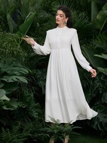 Mulvari Simple Solid Color Button Front Long Sleeve Casual Elegant Dress - White - View 5