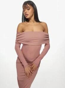 MISSGUIDED Bardot Off Shoulder Long Sleeve Bodycon Maxi Dress With Mesh Cutout Evening Party Formal Ruched Design Special Occasion - Dusty Pink - View 3