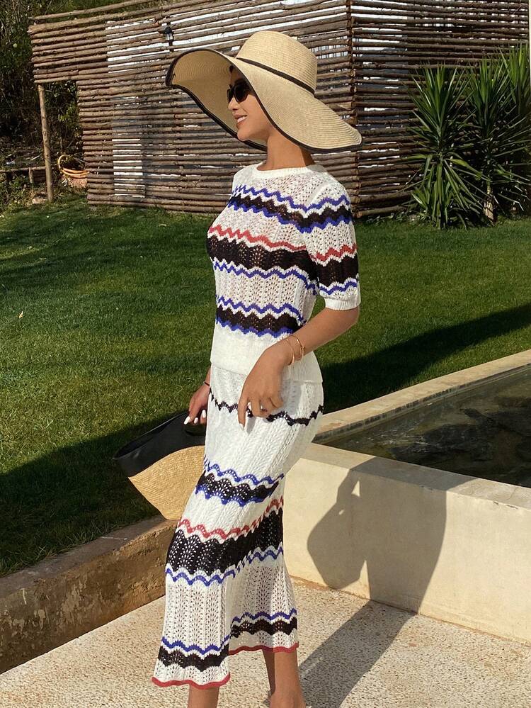 Women 2pcs Set Contrast Striped Knit Top And Skirt Boho