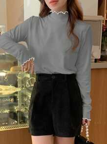 DAZY Women High Collar Ruffle Trim Long Sleeve Solid Color Knitted Base T-Shirt,Fall Clothes - Grey - View 4