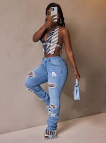 Slaydiva 女士休闲破洞牛仔裤，简约时尚，适合日常穿着