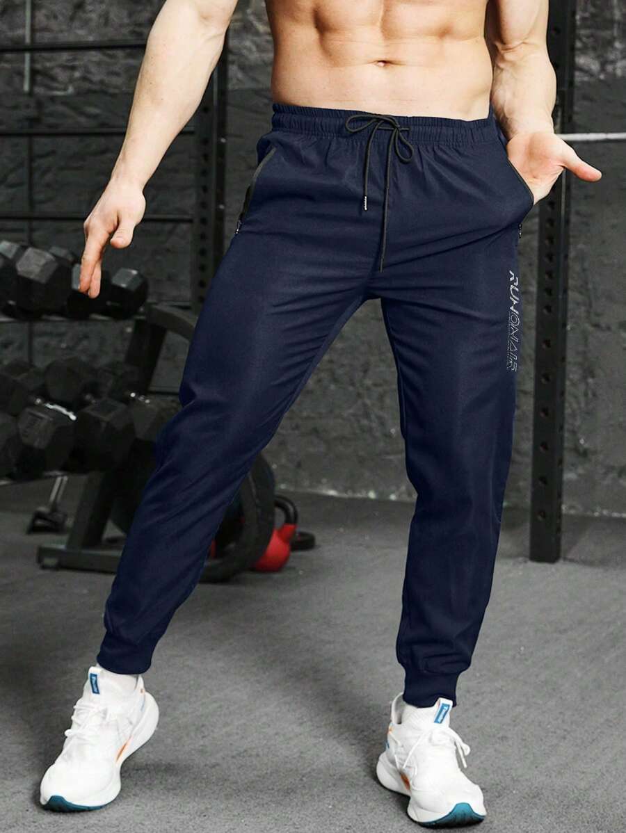 Manfinity Fitness Men's Letter Print Drawstring Waist Pocket Sports Sweatpants - Navy Blue - View 1