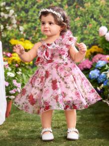 SHEIN 女婴可爱优雅花卉欧根纱连衣裙，夏季 - 粉色 - 查看 5