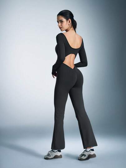 女士纯色长袖简约休闲瑜伽运动连体裤