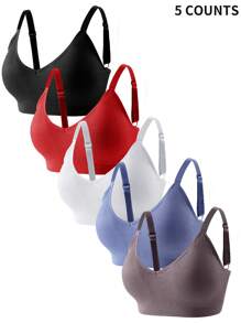 5pcs/Pack Plus Size Women's Plain Ribbed Comfortable Leisure Bras