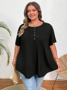 SHEIN CURVE+ Women's Plus Size Round Neck Button Detail T-Shirt - Black - View 6