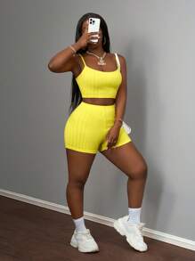 Slaydiva 2pcs/Set Women Solid Color Minimalist Spaghetti Strap Top And Shorts Knit Casual Outfit - Mustard Yellow - View 4
