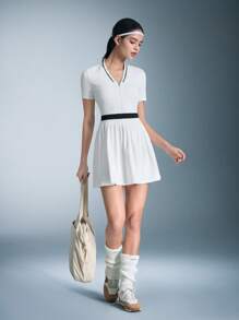 CourtClass 撞色短袖褶边户外运动休闲女装运动连衣裙 - 白色 - 查看 3