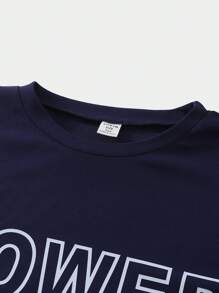 SHEIN 活力男童圆领短袖字母印花 T 恤，儿童夏季流行服装 - 黑色 - 查看 5