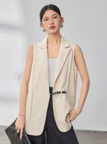 Dazy-Less 1pc Women's Business Casual Asymmetric Design Vest Style Blazer With Belt Old Money Style