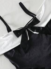 SHEIN 优雅时尚简约露肩无袖高腰撞色蝴蝶结设计少女夏季连衣裙 - 黑色 - 查看 5