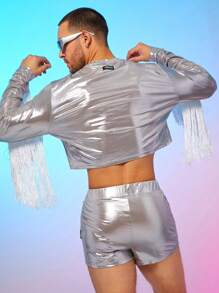 FeverCity Men's Ice Silk Fringed Patchwork Short Sleeve T-Shirt Set - Silver - View 4