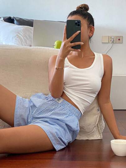 Livesso 简约纯色罗纹针织背心搭配罗纹休闲短裤套装，睡衣套装