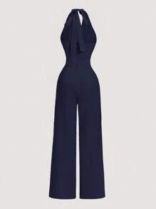 SHEIN MOD Navy Color Casual Commuter Business Elegant Backless Halter Jumpsuit - Navy Blue - View 2