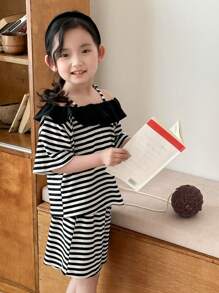 DAZY 2pcs/Set Young Girls Minimalist Casual Daily Short Sleeve Top And Shorts Set,Girls Summer Outfits - Black and White - View 3