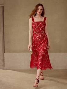 MOTF PREMIUM GUIPURE LACE BIAS CUT DRESS - Red - View 4