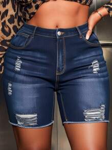 SHEIN CURVE+ Plus Size Women Elastic Blue Personalized Fashion Skinny Jeans - Blue - View 1