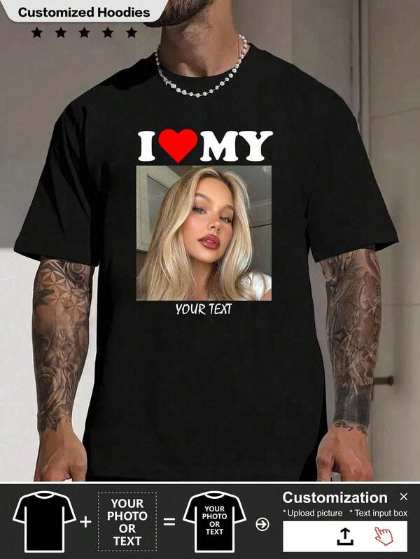 Customized Boyfriend Style Men's Fashionable Personalized Pattern Printed Loose Short Sleeve T-Shirt For Team Party, Couple Matching, Workwear, (Can Customize Family Photo) Boyfriend Style Casual Custom, Unique Treasurefinds, Guy Costumes, Capsule Wardrobe, Sporty Men Wear, Men Basic/Street Style Ideal Gifts For Him Boyfriend, Family, Friends, Ren For Birthdays, For Vacation/Holiday,Stylish,Fashion,Hipster,Casual,Minimal Chic,Personalized,Customized,Custom,Unique,Guy Costumes,Capsule Wardrobe,Men Basic/Street Style,Ideal Gifts For Him,Boyfriend,Family,Friends,For Birthdays,For Vacation/Holiday,For School/Competition,For Sports/Climbing,Chic Autumn,Urban Gala