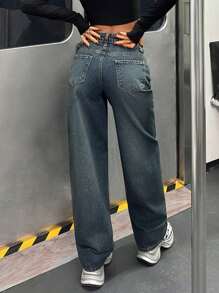 EURMUSE 高腰宽松直筒休闲牛仔裤 - 中等水洗藍 - 查看 2