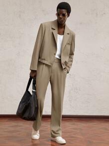 AKNOTIC Party 2 件男士卡其色西装套装，宽松垫肩翻领长袖短夹克和松紧腰裤，适合日常穿着和通勤，配有金属配饰，毕业礼物