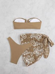 Swim SXY 3er Set Schwimm-Strandoutfit für Damen, strukturierter einfarbiger Bandeau-Oberteil, Metallic-Akzente & gestrickter Sarong-Rock, Sommer-Bikini