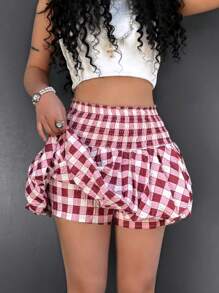 Pink Cute Plaid Bubble Ruffle Women's Mini Skirt - Multicolor - View 3