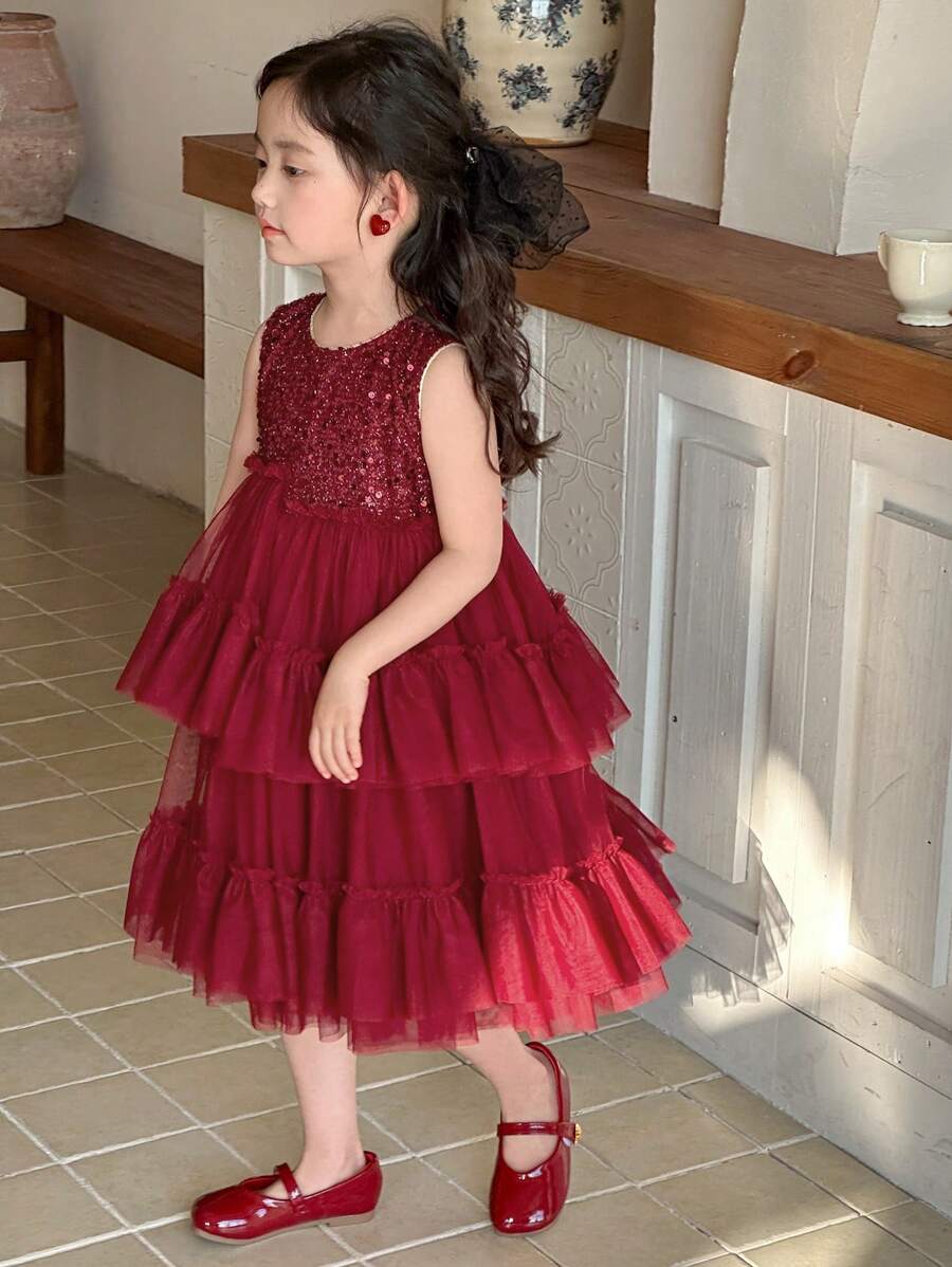 DAZY Young Girl Minimalist Fashion Casual Sleeveless Solid Color Dress, Daily Wear,Girls Summer Outfits Christmas - Red - View 1