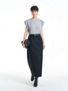 Aalyst Black Low Waist Smooth Straight Skirt, Modest & Elegant - Black - View 4