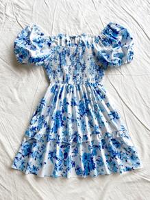 Soleia 春夏季假期蓝白花卉U领系带腰A字型露背泡泡袖迷你连衣裙，适合约会、下午茶、度假、音乐节、波西米亚风