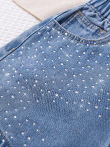 SHEIN Pantaloncini di jeans casual per ragazze pre-adolescenti con tasche strappate e dettagli di strass