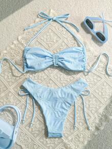 SHEIN Swim Top corto a collo alto in tessuto jacquard a tinta unita con fiocco anteriore e parte inferiore arricciata in vita, bikini elegante e alla moda in due pezzi con decorazione di perle, per l estate e le vacanze in spiaggia - blu polveroso - Visualizzare 6