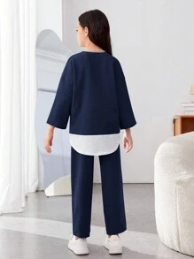 SHEIN 2 件套 Tween 女童街头风针织拼布圆领 3/4 袖上衣和宽腿印花裤休闲装 - 藏蓝色 - 查看 2