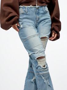 SUMWON WOMEN Distressed Low Rise Slouchy Jeans Y2K Style Relaxed Fit Denim Pants Straight Leg Ripped Knee Casual Street Fashion All Season Wear - Blue - View 3