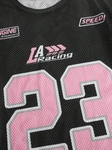 SHEIN Tween Girl Knit Mesh Numeric & English Letter Print Loose Dropped Shoulder Pullover T-Shirt, Suitable For Back To School, Sports Event, Fashion Streetwear