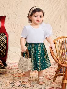 SHEIN 2pcs Babygirl Summer Floral Print Skirt And White Short Sleeve Top Set - Multicolor - View 3