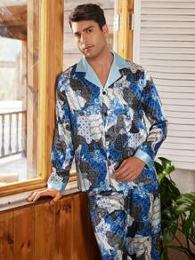 Herren Schlafanzug Set mit Full-Muster Muster, bestehend aus Langarm-Oberteil und langer Hose