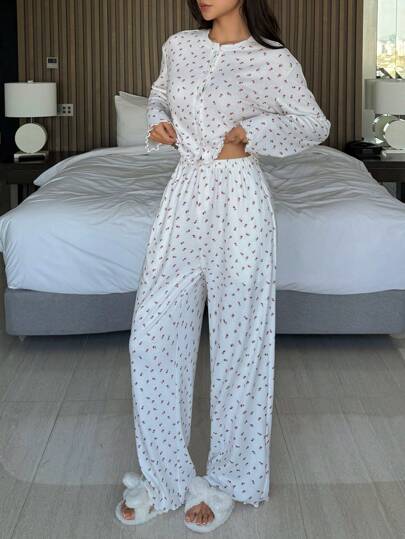 DAZY 女士碎花上衣和宽松长裤两件套睡衣套装，秋冬服装