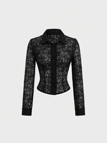 SHEIN Unity Sexy Sheer Lace With Backless Design Blouse For Women - Black - View 1