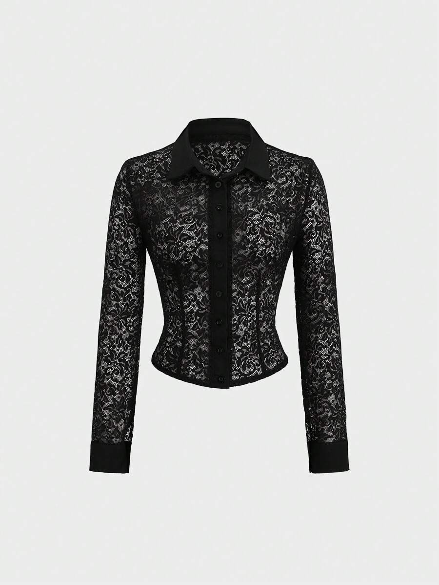 SHEIN Unity Sexy Sheer Lace With Backless Design Blouse For Women - Black - View 1