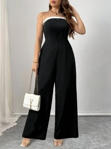 Flirla Plus Size Simple Contrast Color Ruffle Trim Jumpsuit, Spring/Summer