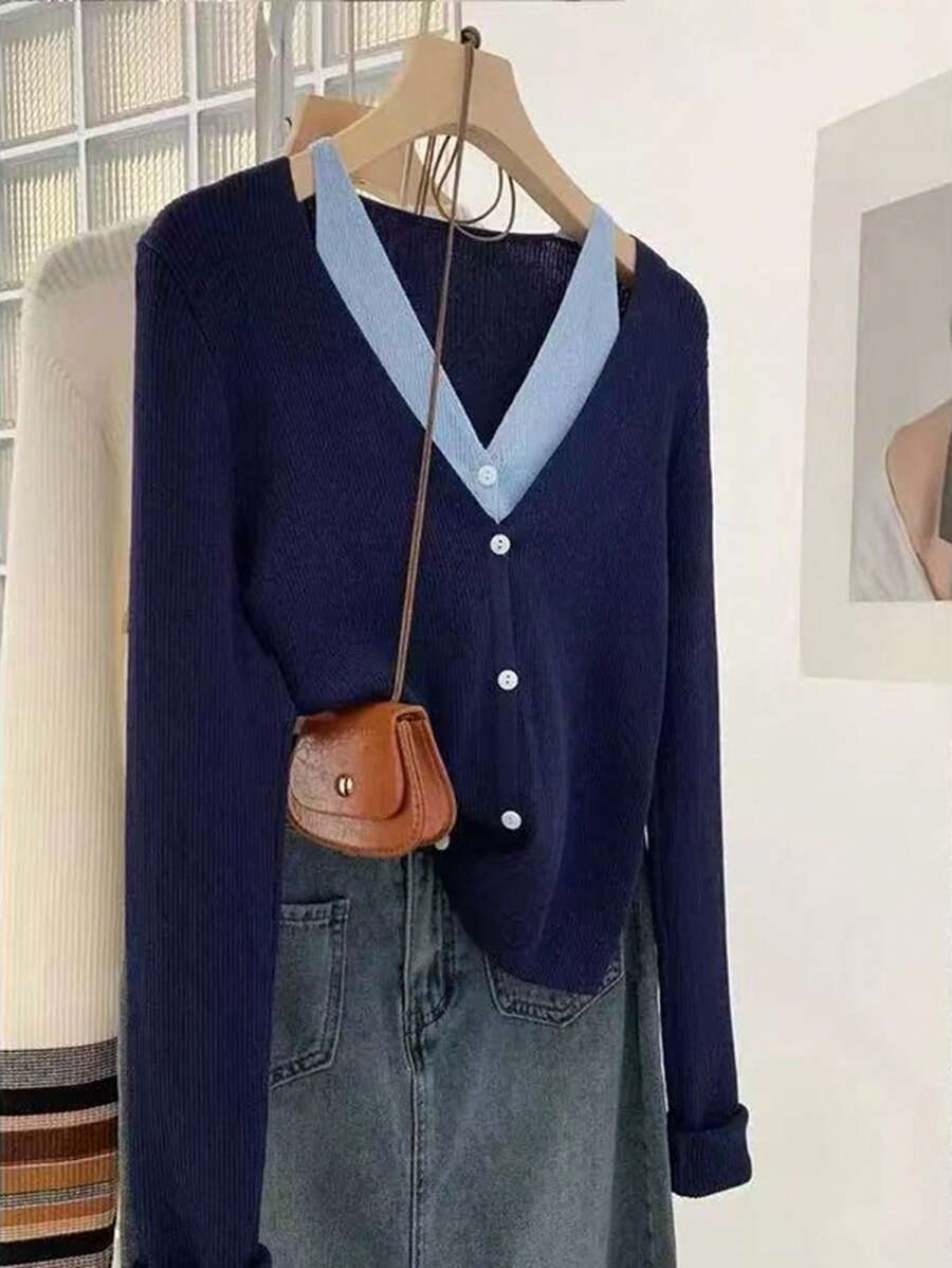 SHEIN EZwear Women's Solid Color Button Front Long Sleeve Casual Blouse, Everyday Wear - Royal Blue - View 1