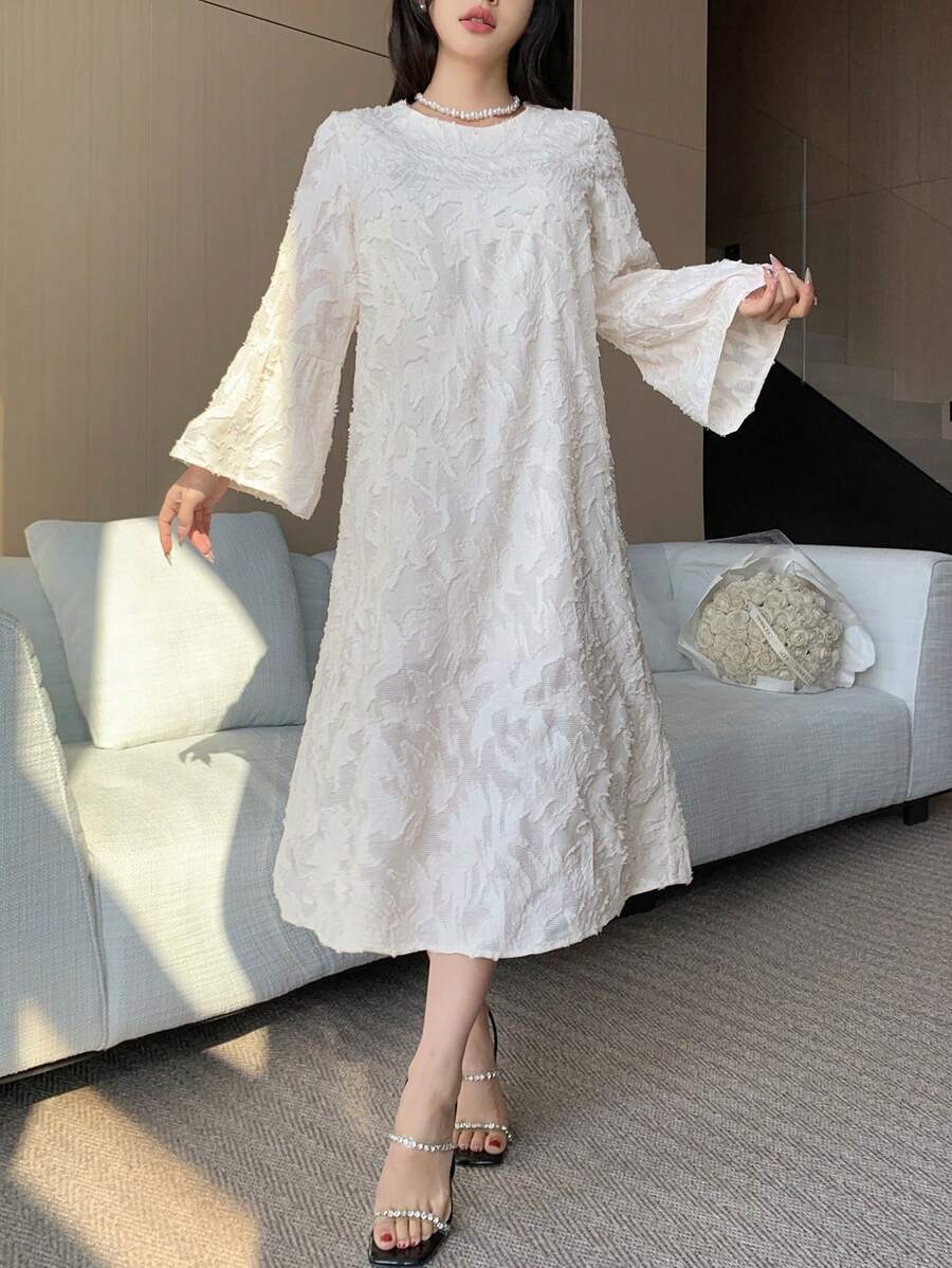 DAZY 纯色圆领连衣裙,简约时尚休闲日常穿着舞会礼服优雅 - 杏色 - 查看 1
